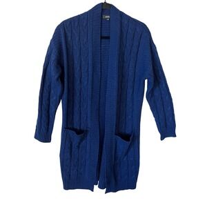 Womens Navy Blue Cable Knit Long Cardigan Sweater Double Pockets Medium